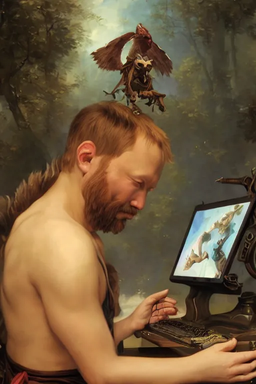 Prompt: A fantasy comic book style portrait painting of limmy, Caucasian, using his desktop pc, François Boucher, Oil Painting, Mystical, unreal 5, DAZ, hyperrealistic, octane render, Regal, Refined, Detailed Digital Art, RPG portrait, William-Adolphe Bouguereau, Michael Cheval, Walt Disney (1937), Steampunk, dynamic lighting, Highly Detailed, Cinematic Lighting, Unreal Engine, 8k, HD