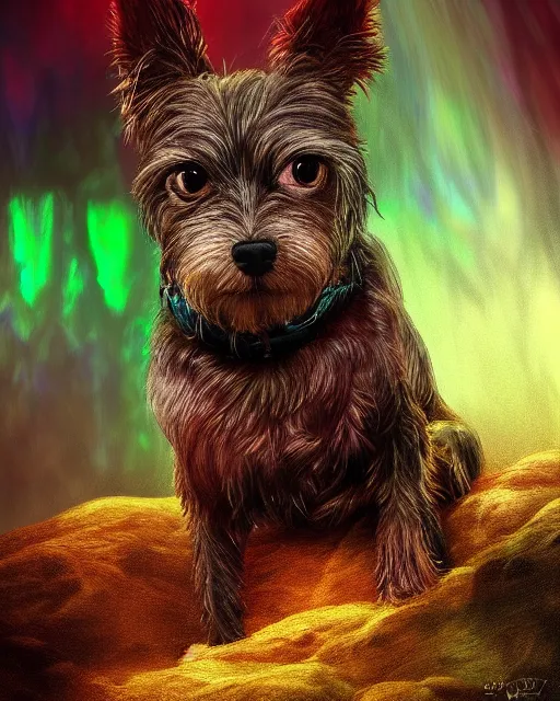 Image similar to mystic border terrier in the river , glow eyes ,fantasy, cinematic,volumetric lighting, symmetrical,sharp focus,digital painting, mystical art, smooth