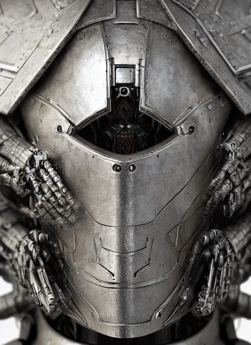 Prompt: close up front view portrait of a futuristic silver armored knight district 9 cyborg, modern fine art, fractal, intricate, elegant, highly detailed, digital photography, subsurface scattering, by jheronimus bosch and greg rutkowski,