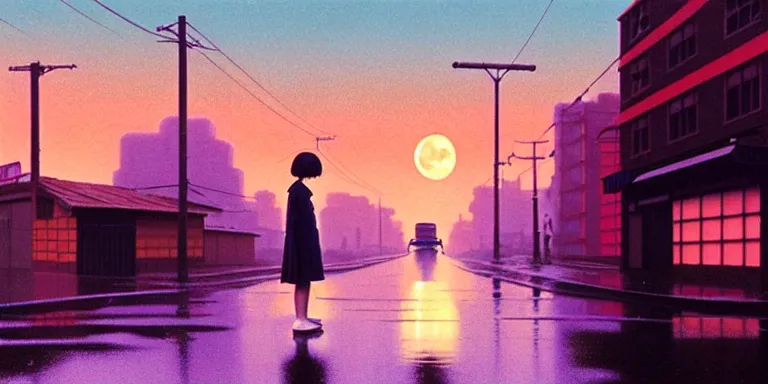 Image similar to an immaculate isometric cinematic keyframe matte painting of the silhouette of a young japanese girl standing in wide wet street 1 9 7 0 s vaporwave rust belt city at dusk with an oversized moon, just after the rain has cleared. by eric lafforgue, glennray tutor and edward hopper, greg rutkowski. trending on artstation.