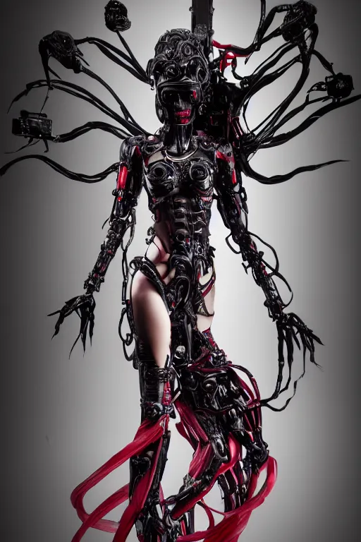 Image similar to full-body cyberpunk style sculpture of a young beautiful dark priestess, half android with a head opening exposing circuitry, glowing red eyes, black roses, flowing blood-red colored silk, fabric, candles. baroque elements. human skull. full-length view. baroque element, intricate artwork by Caravaggio. crows flying in background. Trending on artstation. octane render, cinematic lighting from the right, hyper realism, octane render, 8k, depth of field, 3D