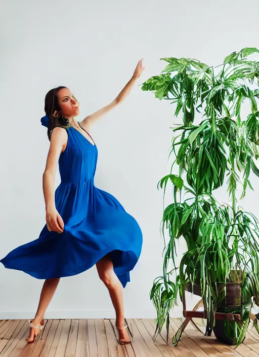 Image similar to woman dancing in a marine blue summer dress, fashion magazine, indoor plants in the background, elegant, photorealistic camera shot, studio lighting, crisp quality and light reflections