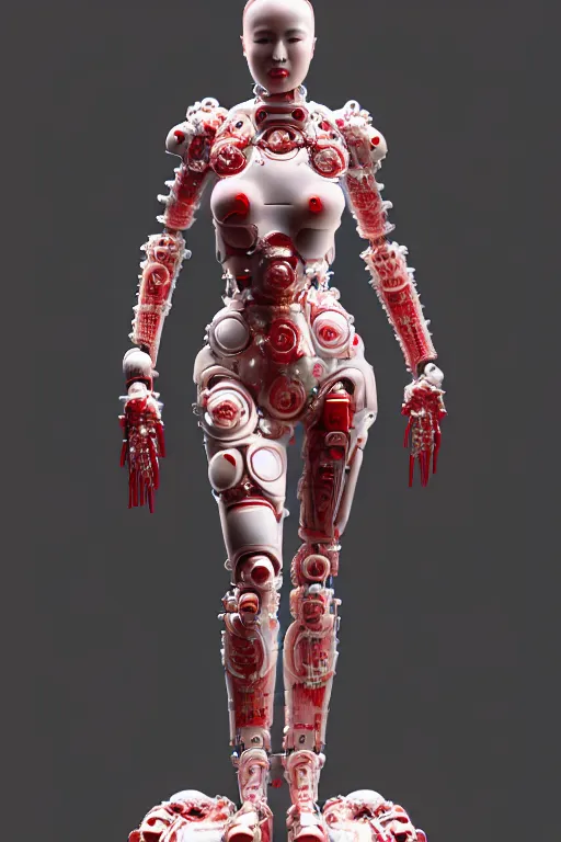 Image similar to a statue made of red marble, of an beautiful chinese girl, full body shot, perfect body, white biomechanical, inflateble shapes, wearing epic bionic cyborg implants, masterpiece, intricate, biopunk futuristic wardrobe, vogue, highly detailed, artstation, concept art, background galaxy, cyberpunk, octane render