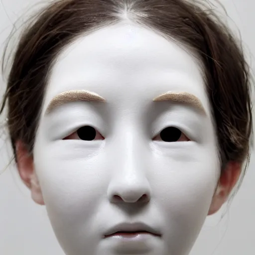 Prompt: full head and shoulders, beautiful female porcelain sculpture by daniel arsham and raoul marks, smooth matte skin, all white features on a white background, delicate facial features, white eyes, white lashes, gold liquid dripping from eyes