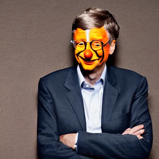 Image similar to UHD candid photo of Bill Gates dressed in orange jumpsuit, wearing extremely accurate clown makeup, accurate face, UHD, photorealistic, correct face, photo by Annie Leibowitz