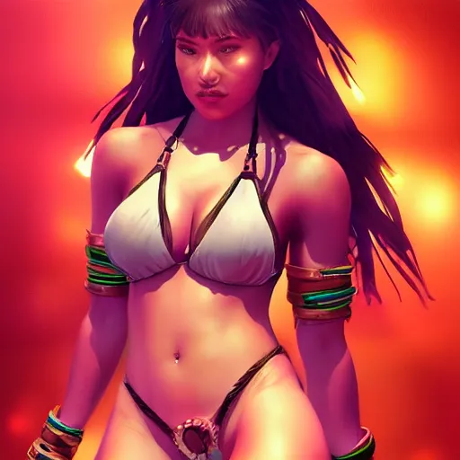 Prompt: very beautiful female latin warrior in a bikini, happy appearance, ioyful vibe and lighting, cgsociety, artstation, in the style of artgerm