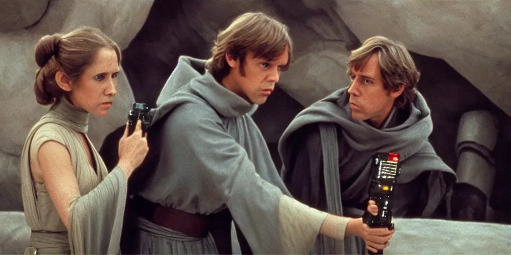 Prompt: screenshot of Luke Skywalker teaching Princess Leia the force, the two people are in a lost jedi Temple, 1970s sci fi film by Stanely Kubrick film, color kodak, Ektachrome, anamorphic lenses, detailed faces, hyper-realistic, photoreal, detailed portrait, moody cinematography, strange lighting