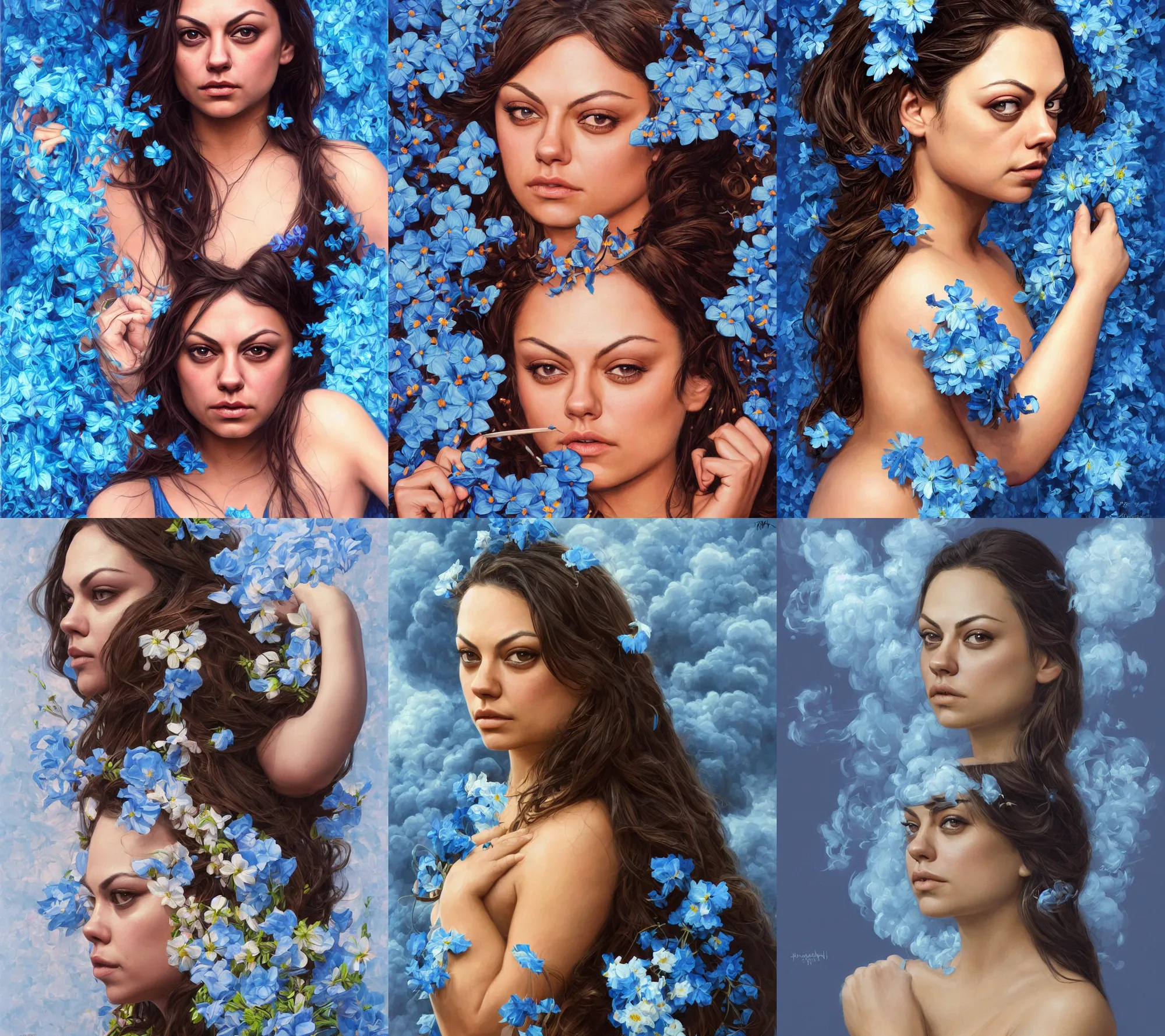 Prompt: sophisticated portrait of Mila Kunis lifting one eyebrow, flower power, thick blue smoke background, elegance, highly detailed, shallow depth of field, concept art, Artstation, Artgerm, Donato Giancola, Joseph Christian Leyendecker, WLOP