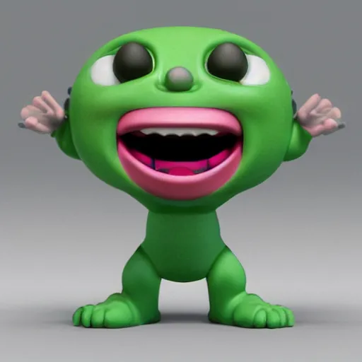 Image similar to single crazy plastic toy Pop Figure characterdesign product, C4d, by pixar, screaming with drooling mouth open happy, in a Studio hollow