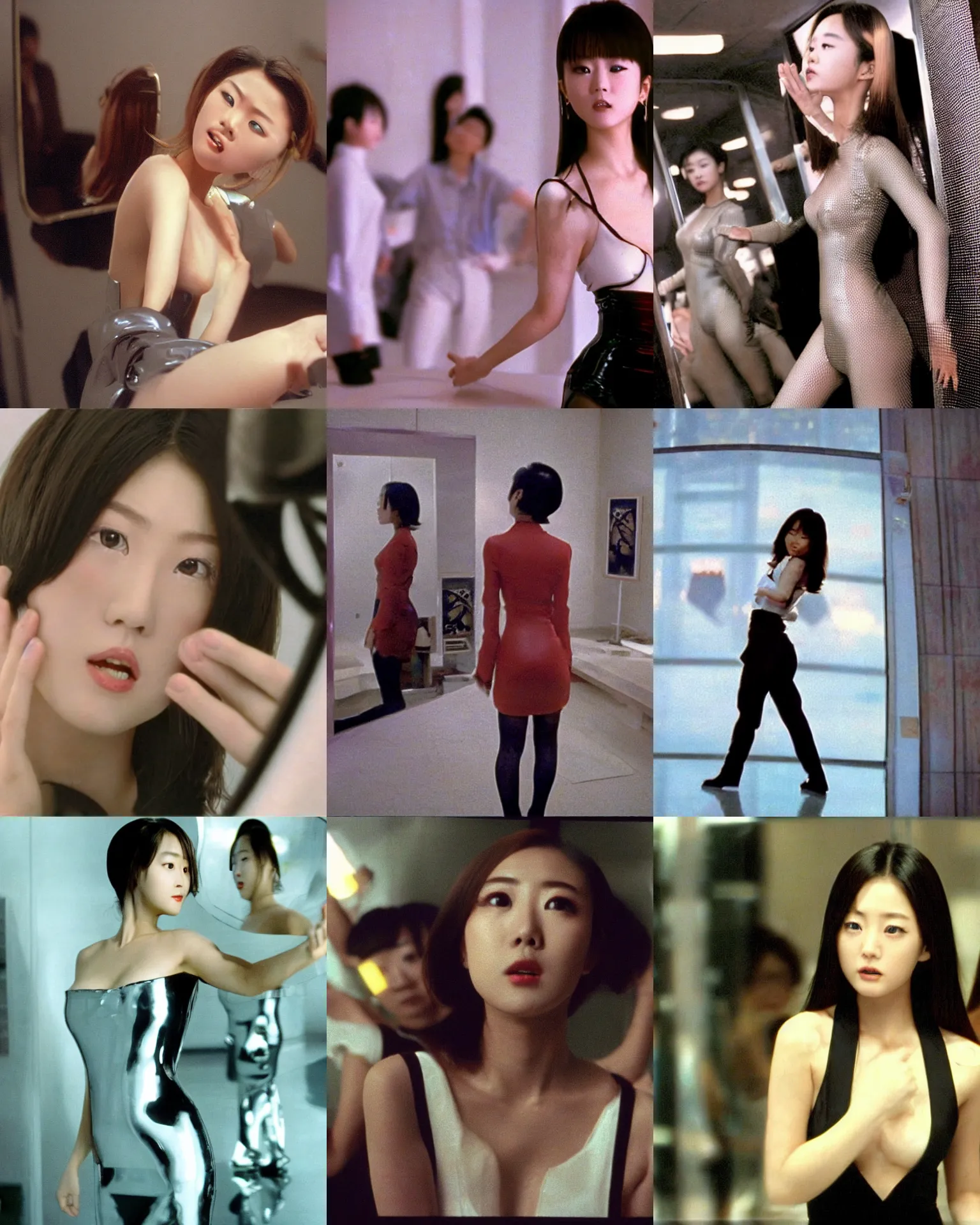 Prompt: Worksafe,clothed.1990s,unbelievably beautiful,perfect,dynamic,epic,cinematic movie shot of a close-up japanese beautiful cute young J-Pop idol actress girl in latex dress,reflected in giant mirror,expressing joy and posing.By a Chinese movie director.Motion,VFX,Inspirational arthouse,high budget,hollywood style,at Behance,at Netflix,Instagram filters,Photoshop,Adobe Lightroom,Adobe After Effects,taken with polaroid kodak portra