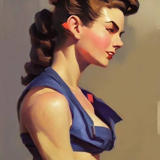 Image similar to greg manchess portrait painting of 1 9 4 0's pinup as overwatch's characters, medium shot, asymmetrical, profile picture, organic painting, sunny day, matte painting, bold shapes, hard edges, street art, trending on artstation, by huang guangjian and gil elvgren and sachin teng