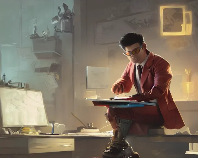 Image similar to an insanely detailed painting of a nerdy asian man wearing a superhero costume, sitting at a desk, staring at the nervously at the computer and typing, in the style of peter mohrbacher, dramatic lighting and composition, octane render, pixar, trending on artstation, concept art, comic book, view from behind