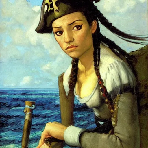 Prompt: a female pirate from avatar, painting by courbet