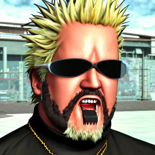 Prompt: Guy Fieri as a Metal Gear Solid Villain 2005 JRPG cinema 4d render, Ray tracing reflection, natural lighting, Unreal Engine award winning photography