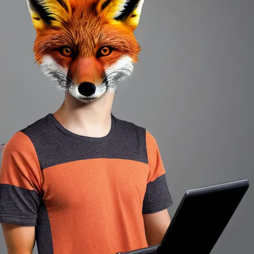 Prompt: furry anthro Vulpes vulpes crucigera cute red fox man using desktop computer blank screen wearing rainbow tshirt professional profile photo portrait bedroom in background