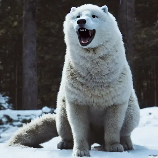 Image similar to godzilla, except he's a samoyed