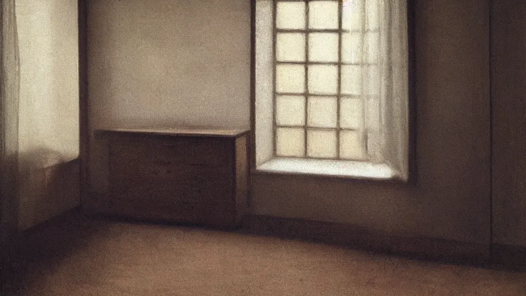 Image similar to in a very old house, an opened drawer in a chest, full of memories and little things, painted by vilhelm hammershoi, interior design, rays of light, melancholy