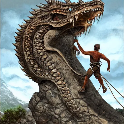 Image similar to rock climber climbing a giant ancient dragons skull, very detailed, fantasy art, dungeons and dragons, belaying, ropes, landscape, cover of national geographic