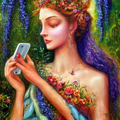Prompt: a nature goddess checking her cell phone by senior concept artist josephine wall, acrylic on canvas, intricately detailed, high resolution trending on artstation