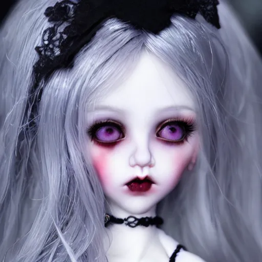 Image similar to a pretty full body woman BJD doll, grey hair, sad eyebrows, symetric eyes, photo realistic, heart mouth, torn tule tutu, melancholic atmosphere, gothic atmosphere, dark palette, pastel palette, bloodborn, pale roses