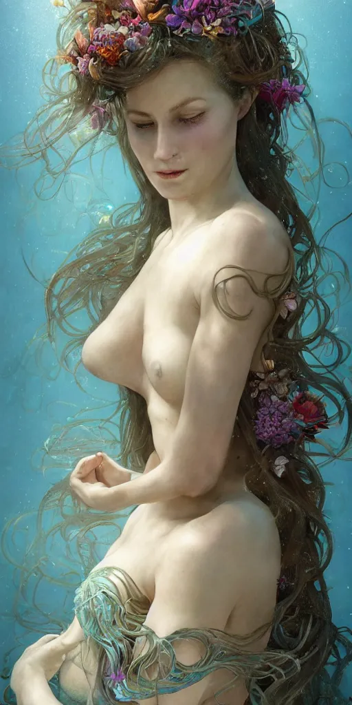 Prompt: hyperrealistic photograph of a mermaid, underwater, a stunning beautiful georgia-era dress with brown long hair, abundant detail, octopusses and flower hyperrealistic character photography art by Annie Liebowitz, art by artgerm and greg rutkowski and alphonse mucha, rembrandtArtStation, concept art, octane render, trending on artstation, artstationHD, artstationHQ, unreal engine, 4k, 8k,