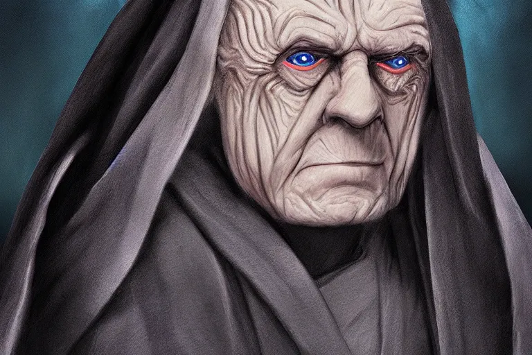 Image similar to emperor palpatine in robes, high detail, digital painting, clear focus, concept art,