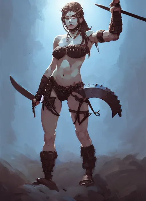 Image similar to portrait of cute muscular warrior girl cowered in celtic tattoos, dressed in armor bikini, holding a sword, dark fantasy, by atey ghailan, by greg rutkowski, by greg tocchini, by james gilleard, by joe gb fenton, by kaethe butcher, dynamic lighting, gradient light blue, brown, blonde cream and white color in scheme, grunge aesthetic