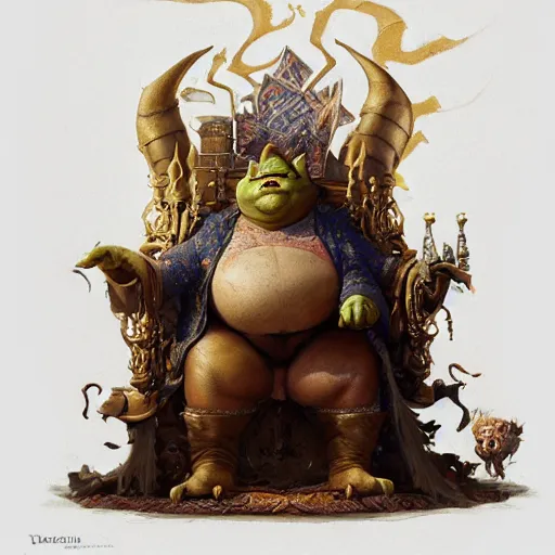 Prompt: a detailed portrait of a fat goblin king sitting on a golden throne, by justin gerard and greg rutkowski, digital art, realistic painting, dnd, character design, trending on artstation