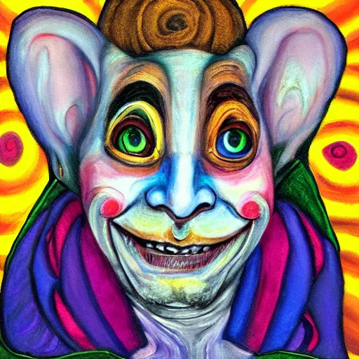 Image similar to “portrait painting of a jester with spiral eyes. He smiles like a Cheshire Cat. Above his head is an Infinity symbol. Pastel blurry background.”