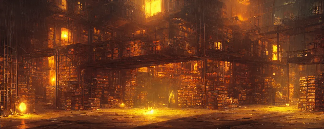 Prompt: ” dusty old warehouse filled with boxes lit by a gas lamp, [ art by paul lehr, cinematic, detailed, epic, widescreen, opening, establishing, mattepainting, photorealistic, realistic textures, octane render ] ”