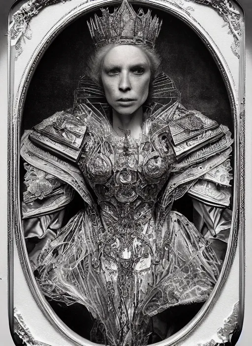 Prompt: old wetplate daguerreotype frame portrait of a futuristic silver armored queen elisabeth emperor district 9 cyborg, fractal, intricate, elegant, highly detailed, subsurface scattering, by jheronimus bosch and greg rutkowski and louis jacques mande daguerre