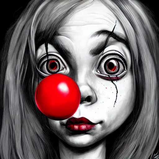 Image similar to surrealism grunge cartoon portrait sketch of billie eilish with a wide smile and a red balloon by - michael karcz, loony toons style, pennywise style, chucky style, horror theme, detailed, elegant, intricate