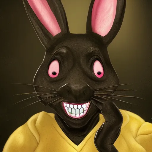 Image similar to A extremely highly detailed majestic hi-res beautiful, highly detailed head and shoulders portrait of a scary terrifying, horrifying, creepy black cartoon rabbit with scary big eyes, earing a shirt laughing, let's be friends, in the style of Walt Disney