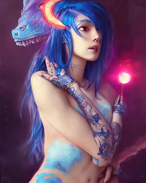 Image similar to stunningly beautiful female with a dragon back tattoo, blue hair, dj sura, laser lights, sharp focus, digital painting, 8 k, concept art, art by wlop, artgerm, greg rutkowski and alphonse mucha