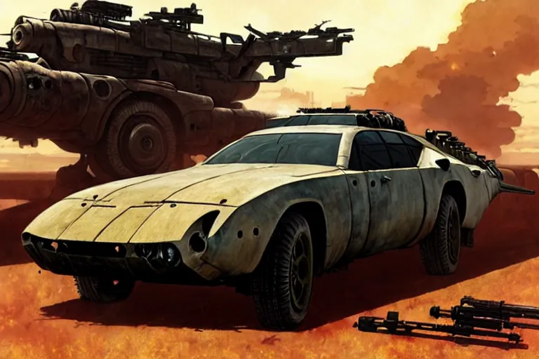 Image similar to dieselpunk mad max avanti with guns installed, painted by greg rutkowski makoto shinkai takashi takeuchi studio ghibli, akihiko yoshida