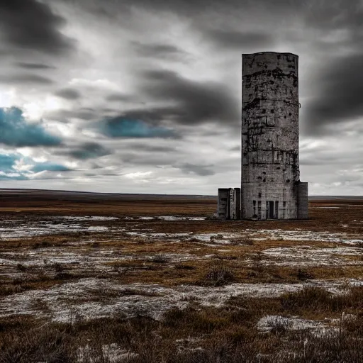 Image similar to a distorted post-apocalyptic landscape with a singular concrete military tower near the frozen lake hd 8k photo big lake high tower