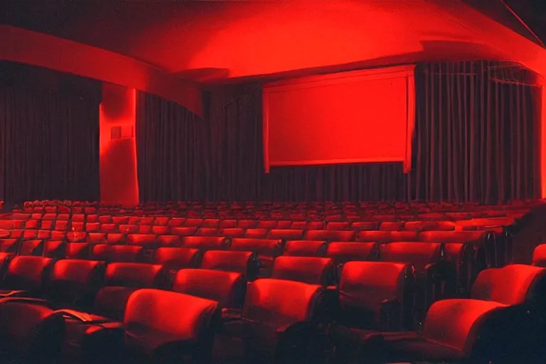 Image similar to a dark conference auditorium with a small crowd, atmospheric and obscure, red neon light, by roger deakins, cinematography, syd mead, dave mckean