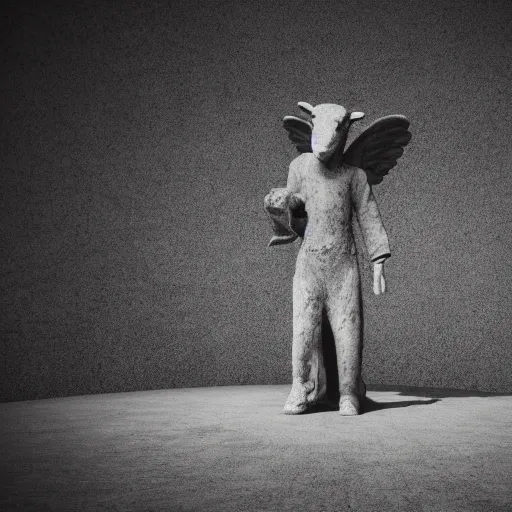 Prompt: Statue of a creepy sheep as an angel, photorealistic, film still, desolate