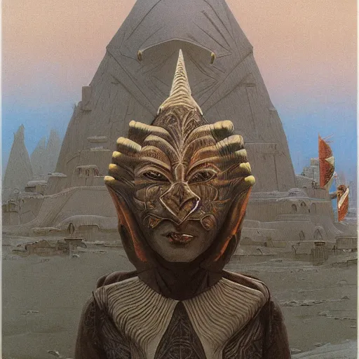 Image similar to portrait of masked dune dynasty on the snow art deco streets of the undying empire city of ya - sattra during the festival of masks in the night, award - winning realistic sci - fi concept art by beksinski, bruegel, greg rutkowski, alphonse mucha, and yoshitaka amano