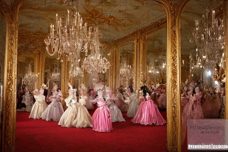 Image similar to in the versailles hall of mirrors, queen marie - antoinette dances in the foreground with her ladies - in - waiting at a venician masked ball. all high ladies are dressed in opulent robes embroidered with glittering sequins. the hall of mirrors features ornate crystal chandeliers with glowing candles and golden ornaments. photorealism red velvet curtains on the windows with night lights outside