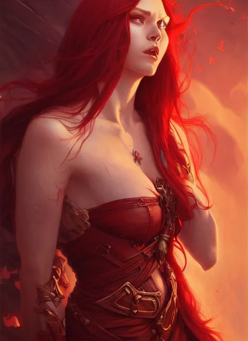 Image similar to a beautiful red haired woman as a demon, deep focus, d & d, fantasy, intricate, elegant, highly detailed, digital painting, artstation, concept art, matte, sharp focus, illustration, hearthstone, art by artgerm and greg rutkowski and alphonse mucha