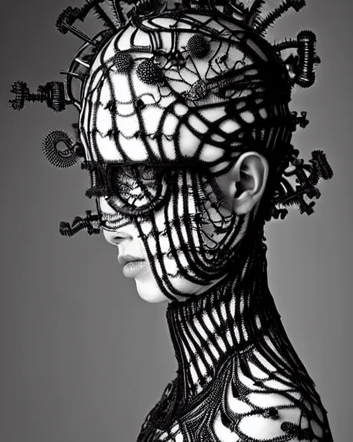 Prompt: surreal black and white photo portrait of complex bio-mechanical beautiful young female vegetal-cyborg with a Mandelbrot fractal steampunk metal fine lace face, a very long neck and a fine metal floral foliage super big lace collar by Alexander McQueen:: high fashion, haute couture, rococo, steampunk, silver filigree details, anatomical, facial muscles, cable wires, microchip, elegant, dreamy, foggy, hyper realistic, 150 mm lens, soft rim light, octane render, unreal engine, picture was taken in 1910 by Man Ray, volumetric lighting, dramatic light,8k,