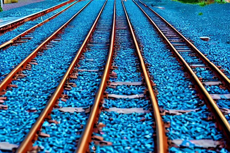 Prompt: shiny metal floating train tracks in blue sky, award winning cinematic still