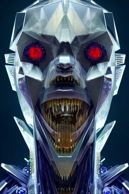 Prompt: dreamland of chinese, ghost, sharp, slender and densely arranged teeth, dystopian, cyberpunk, nanotech demonic monster horror, mecha, halfturn portrait of a big crystal face made of crystals half - turn, ominous, intricate, studio, art by anthony macbain + greg rutkowski + alphonse mucha, concept art, 4 k, sharp focus