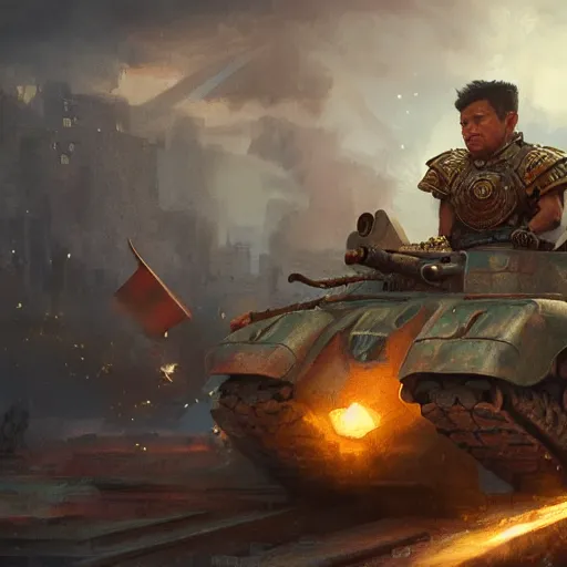 Image similar to a filipino man sitting on a tank holding a scepter and eating popcorn, fantasy, digital painting, volumetric light, intricate, sharp, focus, bloom, illustration, highly detailed, concept art, matte, ruan jia, randy vargas, greg rutkowski