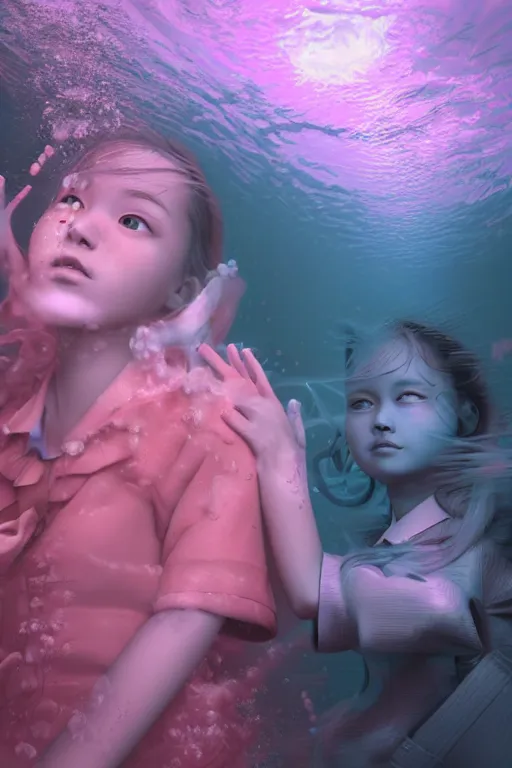 Prompt: 3d realistic dramatic infrared photo of two schoolgirls sisters with a realistic face blowing mind in a dark subway station under water in Japan. Close-up portrait. There are pink palm trees and translucent glow jellyfish flying around. Volumetric composition. Pastel colors in the style of Hiro Kiyohara, redshift, octane, trend artstation, cinematic, hyper realism, high detail, 8k