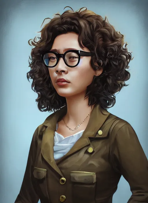 Prompt: hearts of iron 4 leader portrait of south east asian woman with curly hair and square glasses, democratic, trending on artstation, highly detailed, character portrait, ylva ljungqvist, custom portraits, paradox interactive