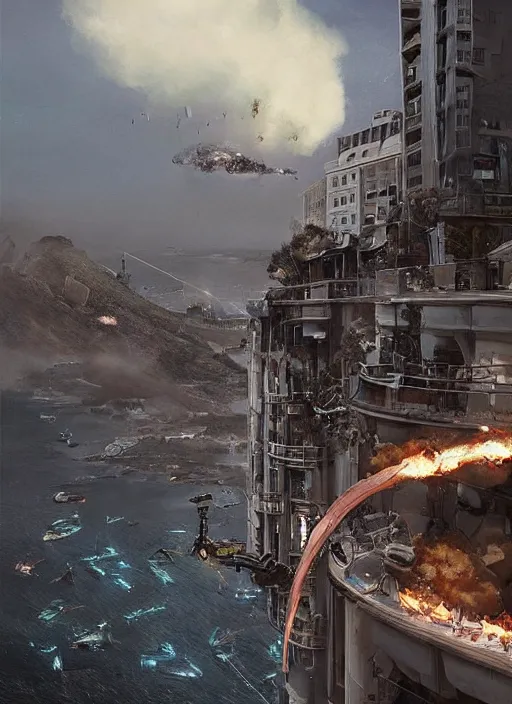 Prompt: hyper realistic squid robot attacking cape town city, table mountain explosions, atmospheric beautiful details, strong composition drawn in ink by kim jung giu weta studio rutkowski, james gurney and greg rutkowski, and lucasfilm