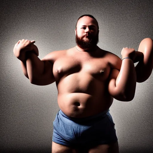 Prompt: man with bear body physique doing heavy lifting, award winning photography, hdr, studio lighting medium close shot,