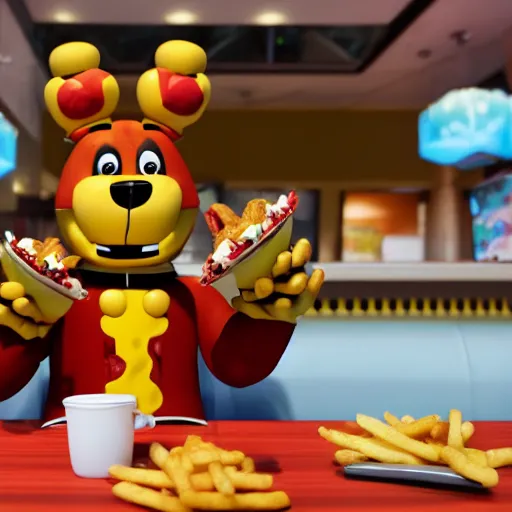 Prompt: freddy fazbear eating at mcdonald's, photography, 8 k,